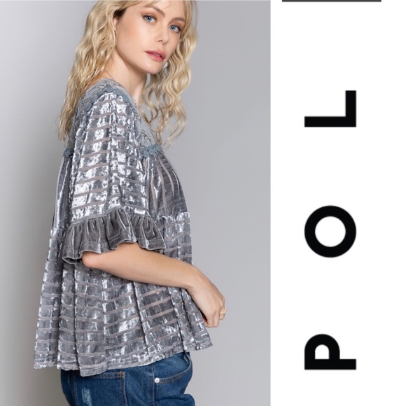 Gray Crushed Velvet POL top - Picture 2 of 3